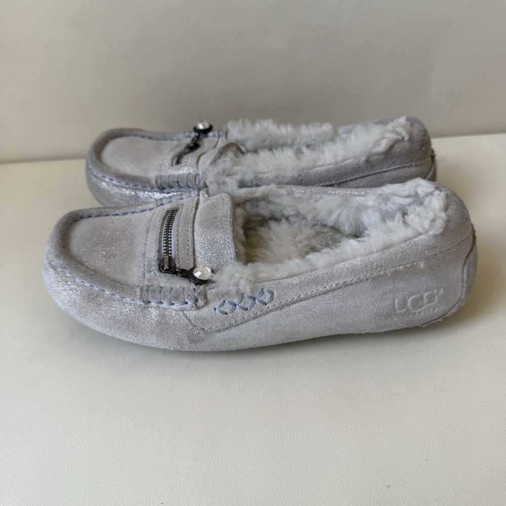UGG Women's Moccasin Slippers Gray Shearling Fur Lined Zip Accent House Shoes